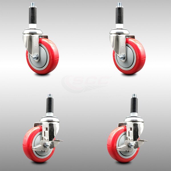 Service Caster 4 Inch 316SS Red Poly Swivel 7/8 Inch Expanding Stem Caster Brake SCC, 2PK SCC-SS316EX20S414-PPUBRED-2-TLB-2-78 - main